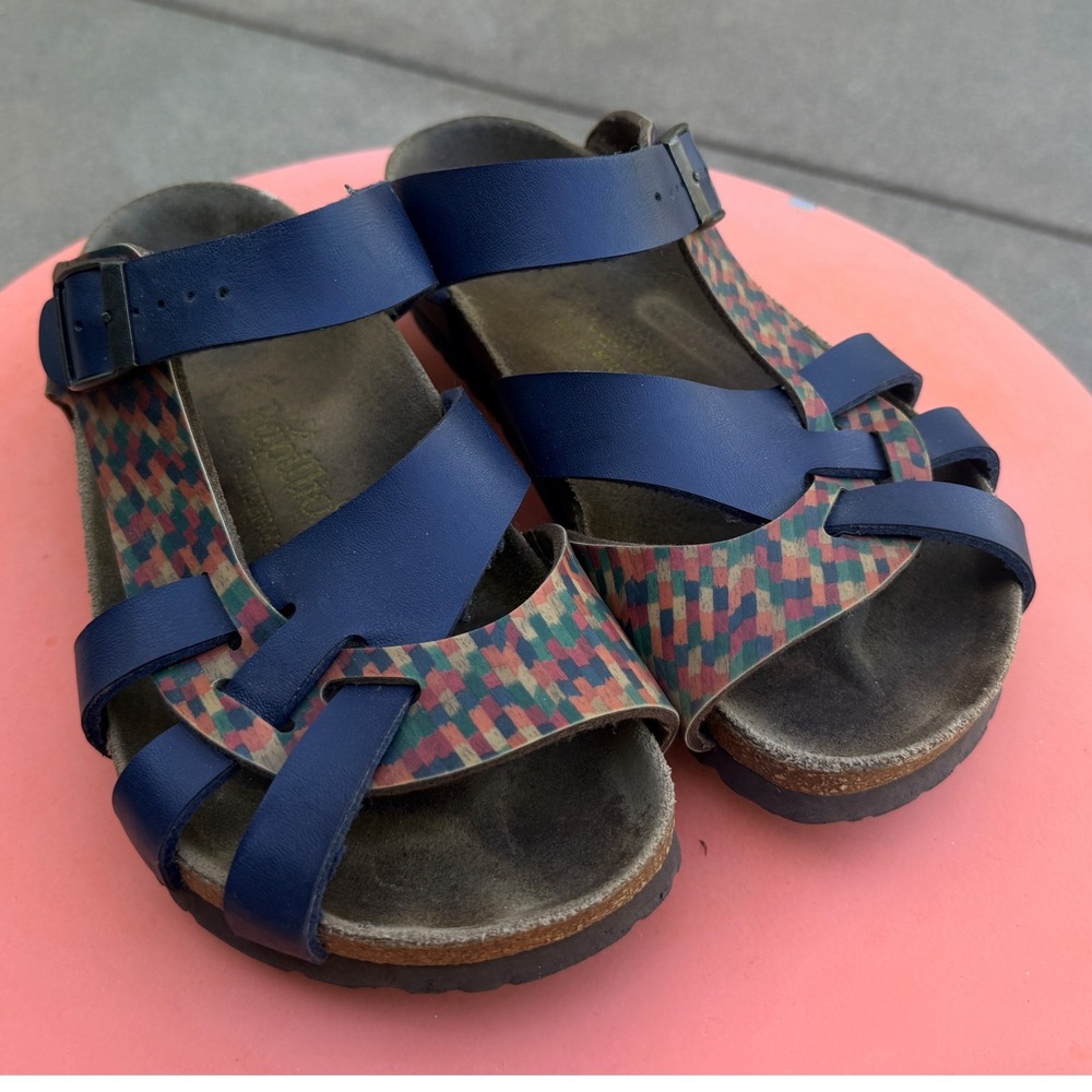 Papillio Sandals Women 37 Blue Pisa Woven Pattern Strappy Cork Footbed Slides
